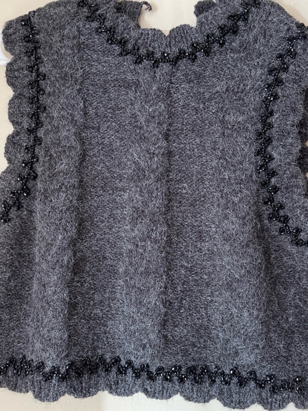 Zara Charcoal Gray Fuzzy Crewneck Sweater Vest with Black Beaded Trim